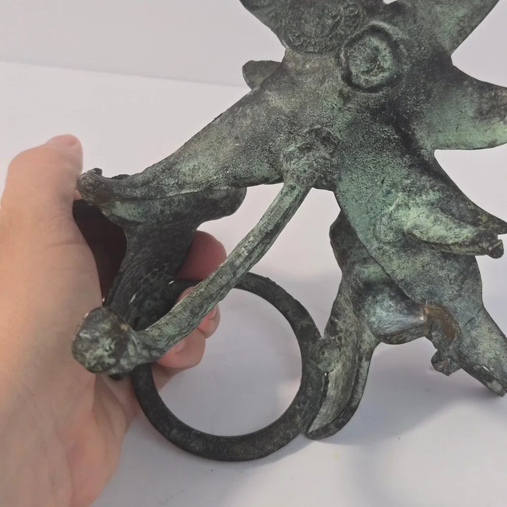 Vintage Verdigris Cast Metal Hummingbird Lily Flower Sculpture Candle Holder